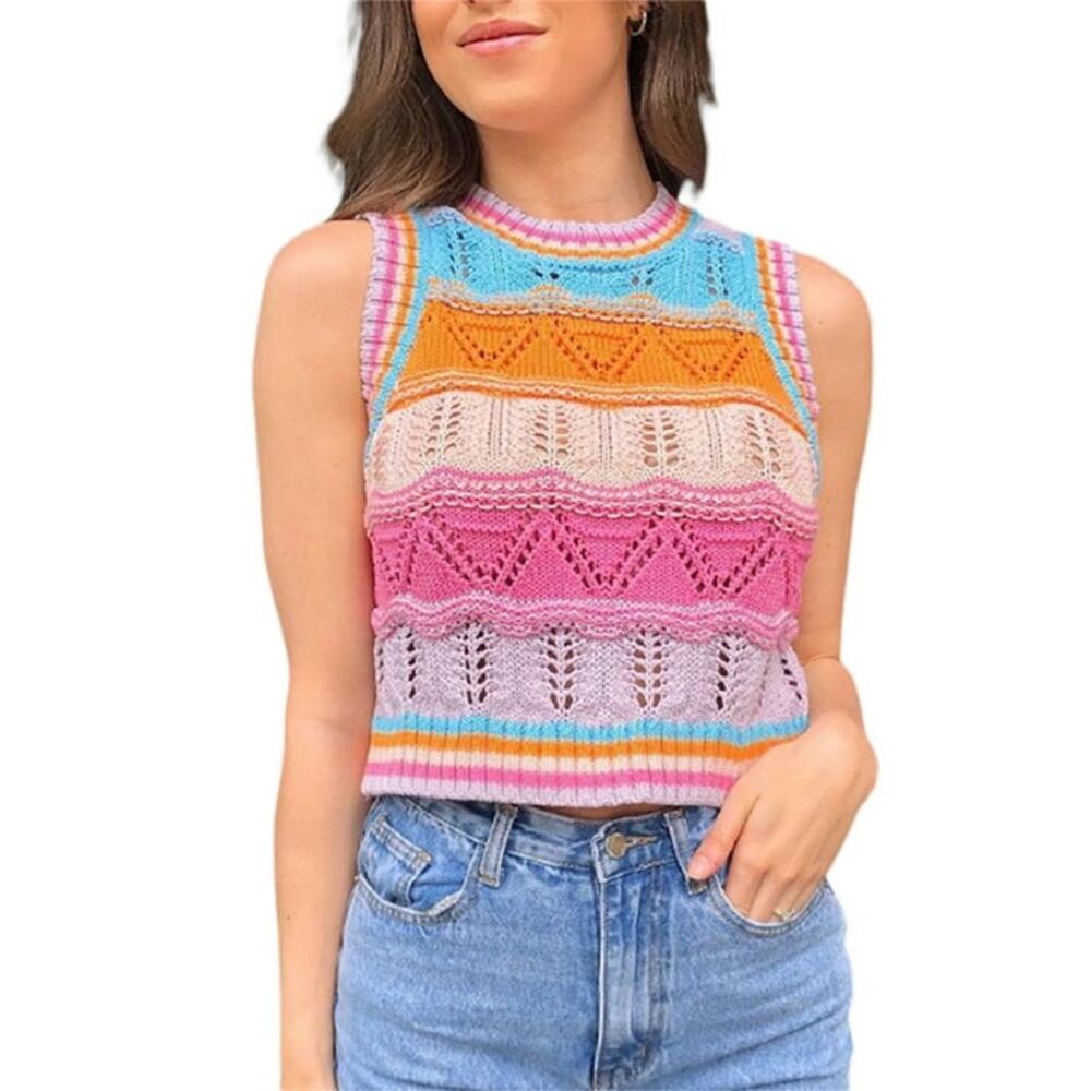 Zara | Multicolor Stripe Crochet Open Knit Cropped Sleeveless Top - Picture 2 of 7